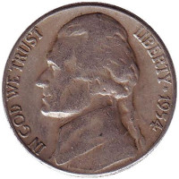 Джефферсон. Монтичелло. Монета 5 центов. 1954 год (S), США.