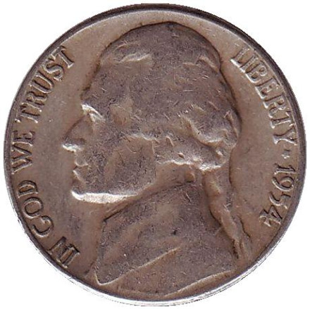 Монета 5 центов. 1954 год (S), США. Джефферсон. Монтичелло.