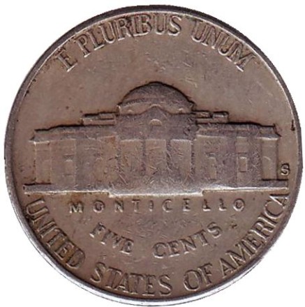 Монета 5 центов. 1954 год (S), США. Джефферсон. Монтичелло. Монета 5 центов. 1954 год (S), США. Джефферсон. Монтичелло.