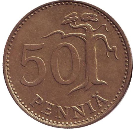 Монета 50 пенни. 1977 год, Финляндия.