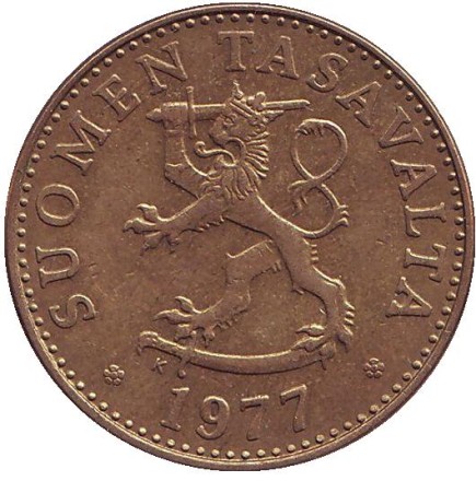Монета 50 пенни. 1977 год, Финляндия.