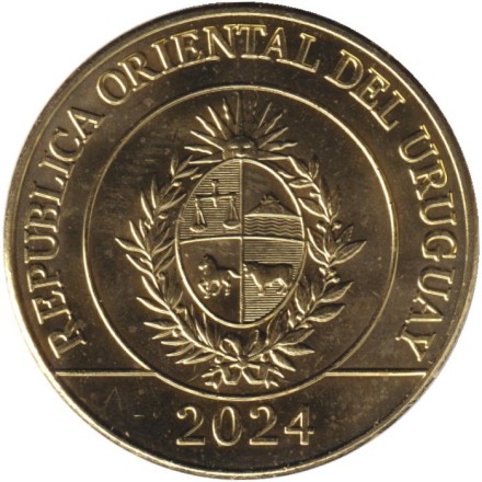 Монета 5 песо. 2024 год, Уругвай. Страус. Монета 5 песо. 2024 год, Уругвай. Страус.