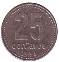 Монета 25 сентаво. 1993 год, Аргентина. Ратуша Буэнос-Айреса. (Тонкий шрифт). Монета 25 сентаво. 1993 год, Аргентина. Ратуша Буэнос-Айреса. (Тонкий шрифт).