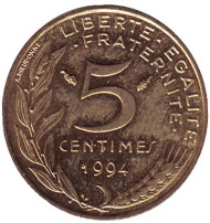 Монета 5 сантимов. 1994 год, Франция. (рыбка). Монета 5 сантимов. 1994 год, Франция. (рыбка).