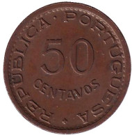 Монета 50 сентаво. 1958 год, Ангола в составе Португалии. Монета 50 сентаво. 1958 год, Ангола в составе Португалии.
