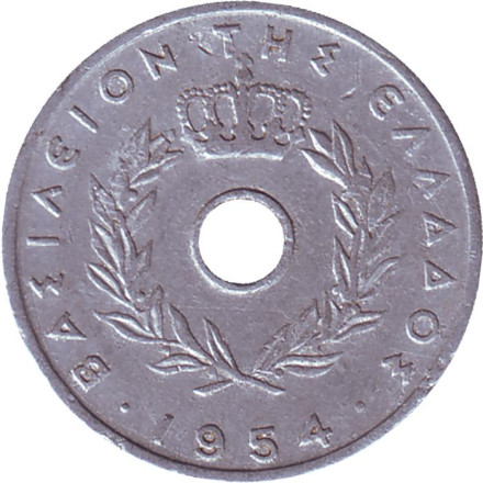 Монета 5 лепт. 1954 год, Греция. Колосья. Монета 5 лепт. 1954 год, Греция. Колосья.