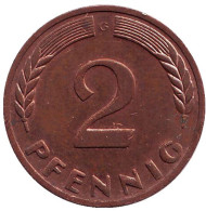 Монета 2 пфеннига. 1970 год (G), ФРГ. Дубовые листья. Монета 2 пфеннига. 1970 год (G), ФРГ. Дубовые листья.