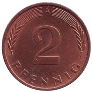 Монета 2 пфеннига. 1991 год (A), ФРГ. Дубовые листья. Монета 2 пфеннига. 1991 год (A), ФРГ. Дубовые листья.