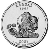 Монета 25 центов (P). 2005 год, США. Канзас. Штат № 34. Монета 25 центов (P). 2005 год, США. Канзас. Штат № 34.