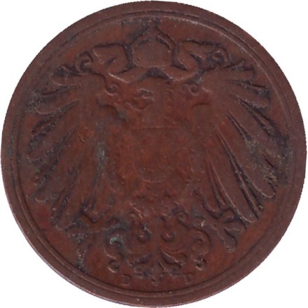 Монета 1 пфенниг. 1900 год (D), Германская империя. Монета 1 пфенниг. 1900 год (D), Германская империя.