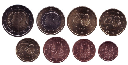 Набор монет евро (8 шт). 2018 год, Испания.