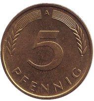 Монета 5 пфеннигов. 1990 год (A), ФРГ. Дубовые листья. Монета 5 пфеннигов. 1990 год (A), ФРГ. Дубовые листья.