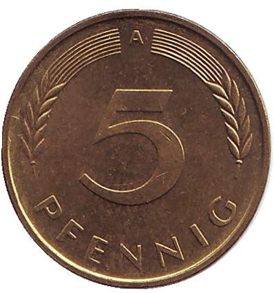 Монета 5 пфеннигов. 1990 год (A), ФРГ. Дубовые листья.