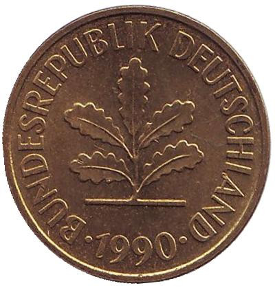 Монета 5 пфеннигов. 1990 год (A), ФРГ. Дубовые листья.