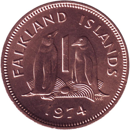Монета 1 пенни. 1974 год, Фолклендские острова. Состояние - XF. Субантарктические пингвины.