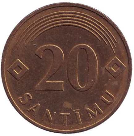 Монета 20 сантимов, 1992 год, Латвия. Магнитная! Редкая!