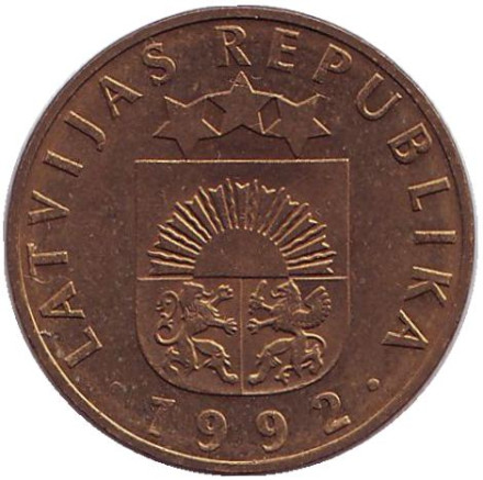 Монета 20 сантимов, 1992 год, Латвия. Магнитная! Редкая!