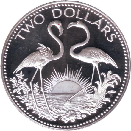 Монета 2 доллара. 1975 год, Багамские острова. Proof. Фламинго.