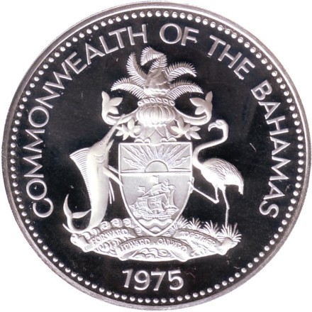 Монета 2 доллара. 1975 год, Багамские острова. Proof. Фламинго.