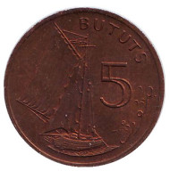 Монета 5 бутутов. 1971 год, Гамбия. Парусная лодка. Монета 5 бутутов. 1971 год, Гамбия. Парусная лодка.