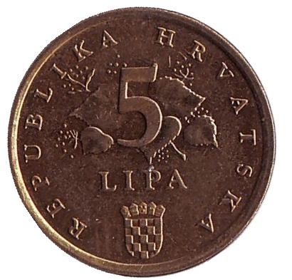 Монета 5 лип. 1996 год, Хорватия. Дуб черешчатый.