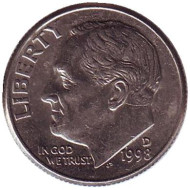 Монета 10 центов. 1998 (D) год, США. Рузвельт. Монета 10 центов. 1998 (D) год, США. Рузвельт.