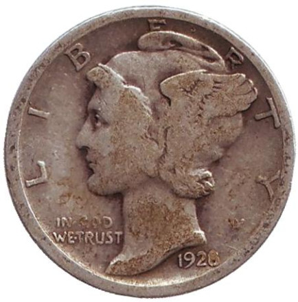 Монета 10 центов. 1928 год, США. Монетный двор D. Меркурий.