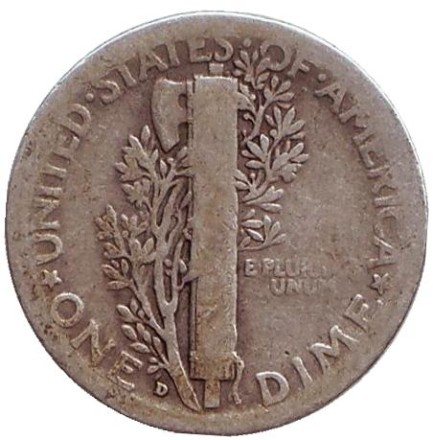Монета 10 центов. 1928 год, США. Монетный двор D. Меркурий. Монета 10 центов. 1928 год, США. Монетный двор D. Меркурий.