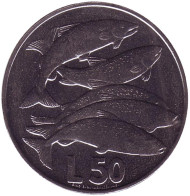 Монета 50 лир. 1975 год, Сан-Марино. Рыбы. Монета 50 лир. 1975 год, Сан-Марино. Рыбы.