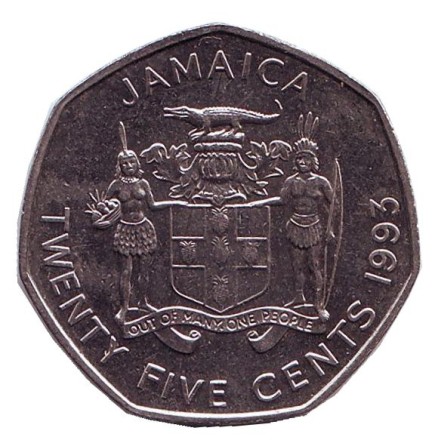 Монета 25 центов. 1993 год, Ямайка. Маркус Гарви - национальный герой. Монета 25 центов. 1993 год, Ямайка. Маркус Гарви - национальный герой.