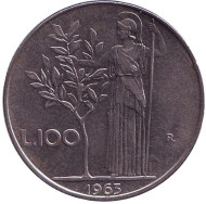 Монета 100 лир. 1963 год, Италия. Богиня мудрости Минерва рядом с оливковым деревом. Монета 100 лир. 1963 год, Италия. Богиня мудрости Минерва рядом с оливковым деревом.