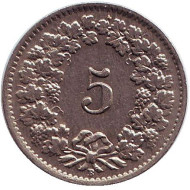 Монета 5 раппенов. 1946 год, Швейцария. Монета 5 раппенов. 1946 год, Швейцария.