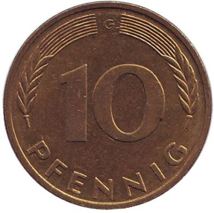 Монета 10 пфеннигов. 1996 год (G), ФРГ. Дубовые листья.