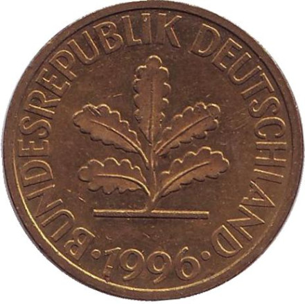 Монета 10 пфеннигов. 1996 год (G), ФРГ. Дубовые листья. Монета 10 пфеннигов. 1996 год (G), ФРГ. Дубовые листья.