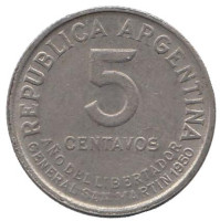 100 лет со дня смерти Хосе де Сан Мартина. Монета 5 сентаво. 1950 год, Аргентина. 