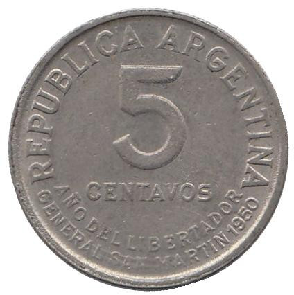 Монета 5 сентаво. 1950 год, Аргентина. 100 лет со дня смерти Хосе де Сан Мартина.