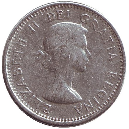 Монета 10 центов. 1961 год, Канада. Парусник. Монета 10 центов. 1961 год, Канада. Парусник.