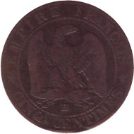 Монета 5 сантимов. 1854 год (BB), Франция. Наполеон III. Монета 5 сантимов. 1854 год (BB), Франция. Наполеон III.