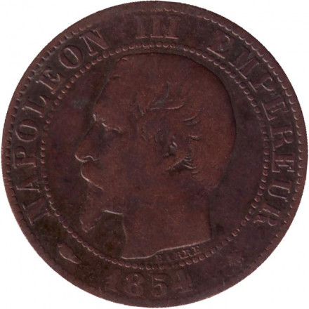Монета 5 сантимов. 1854 год (BB), Франция. Наполеон III.