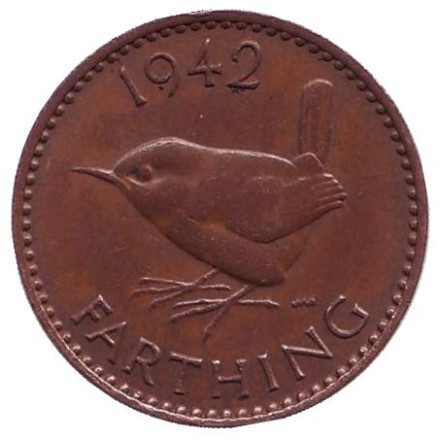 Монета 1 фартинг. 1942 год, Великобритания. Крапивник. (Птица).