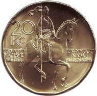 Монета 20 крон. 2014 год, Чехия. UNC. Всадник (Святой Вацлав). Монета 20 крон. 2014 год, Чехия. UNC. Всадник (Святой Вацлав).