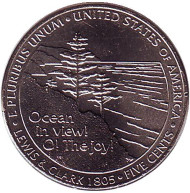 Монета 5 центов. 2005 год (D), США. UNC. Выход к океану. Монета 5 центов. 2005 год (D), США. UNC. Выход к океану.