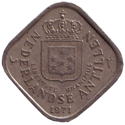 Монета 5 центов. 1971 год, Нидерландские Антильские острова. Монета 5 центов. 1971 год, Нидерландские Антильские острова.
