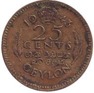 Монета 25 центов. 1943 год, Цейлон. Монета 25 центов. 1943 год, Цейлон.