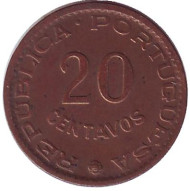 Монета 20 сентаво. 1961 год, Мозамбик в составе Португалии. Монета 20 сентаво. 1961 год, Мозамбик в составе Португалии.