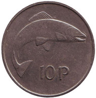 Монета 10 пенсов. 1976 год, Ирландия. Лосось. Монета 10 пенсов. 1976 год, Ирландия. Лосось.
