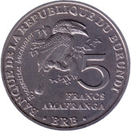 Монета 5 франков. 2014 год, Бурунди. Серия "Птицы". Калао-трубач. Монета 5 франков. 2014 год, Бурунди. Серия "Птицы". Калао-трубач.