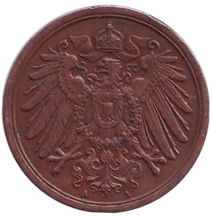 Монета 2 пфеннига. 1910 год (А), Германская империя.