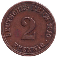 Монета 2 пфеннига. 1910 год (А), Германская империя. Монета 2 пфеннига. 1910 год (А), Германская империя.