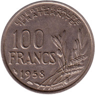 Монета 100 франков. 1958 год, Франция. (Метка: крыло).